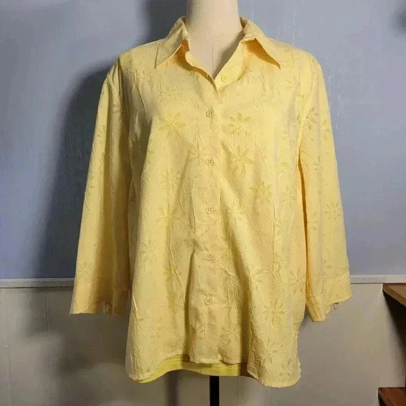 CJ Banks Size X Bright Yellow Semi Sheer Floral 3/4 Sleeve Blouse & Tank Top Set - Picture 1 of 11